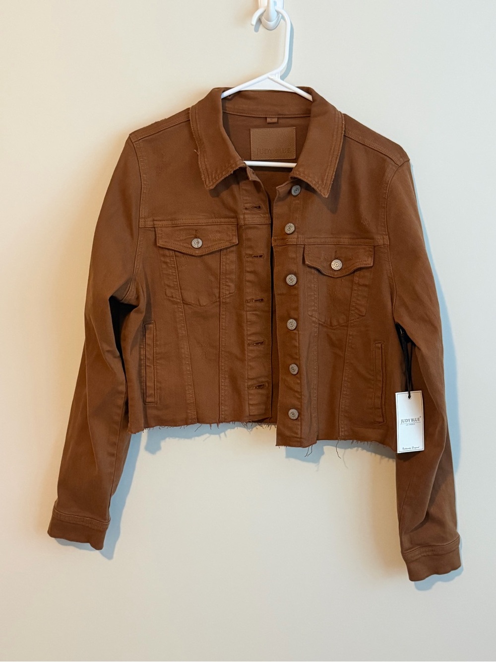 Judy Blue Camel Denim Jacket Frayed Hem Large NWT